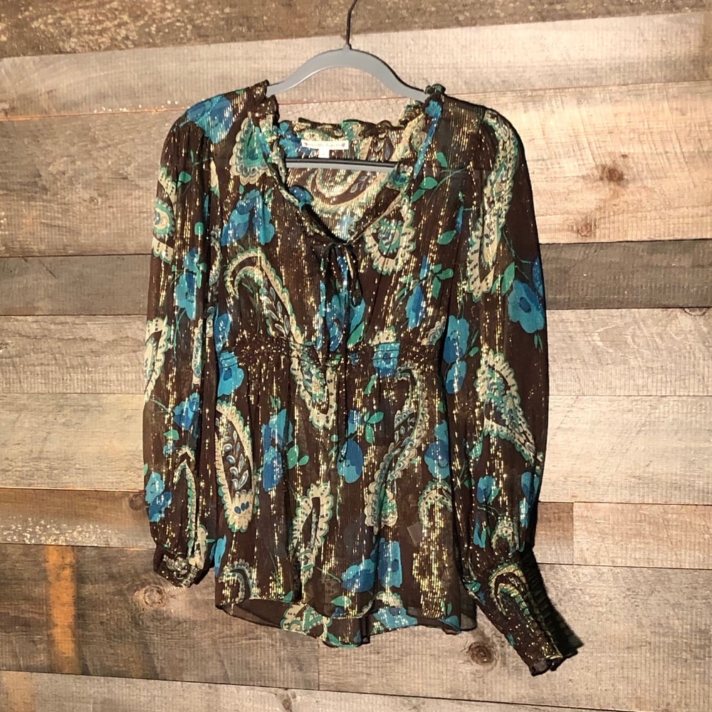 NANETTE LEPORE | Brown Sheer Boho Paisley-Print Pattern Silk Blouse